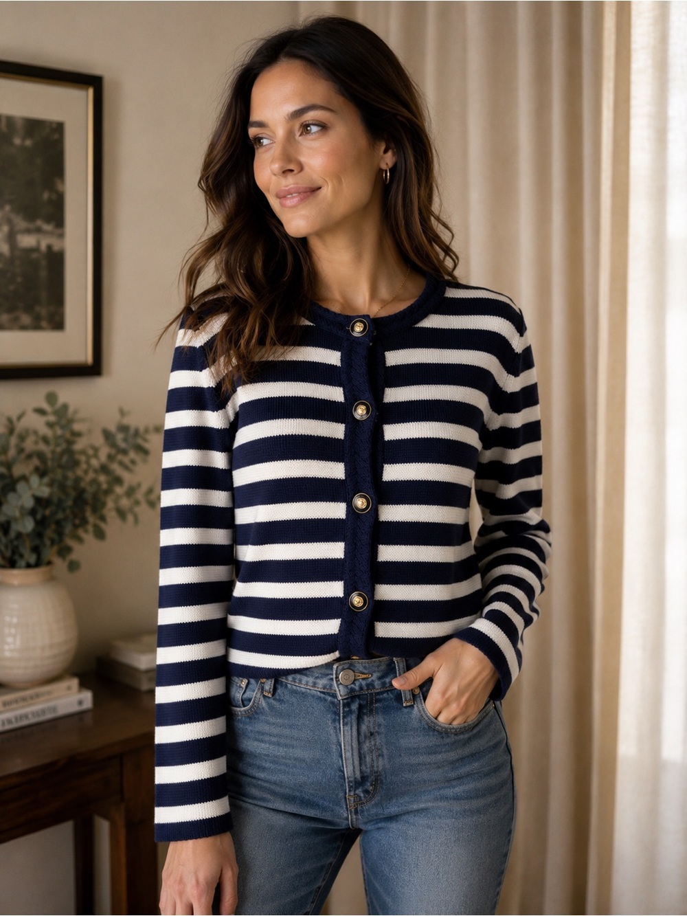 I Crew Navy and White Nautical Striped Crewneck Button Cardigan Sweater